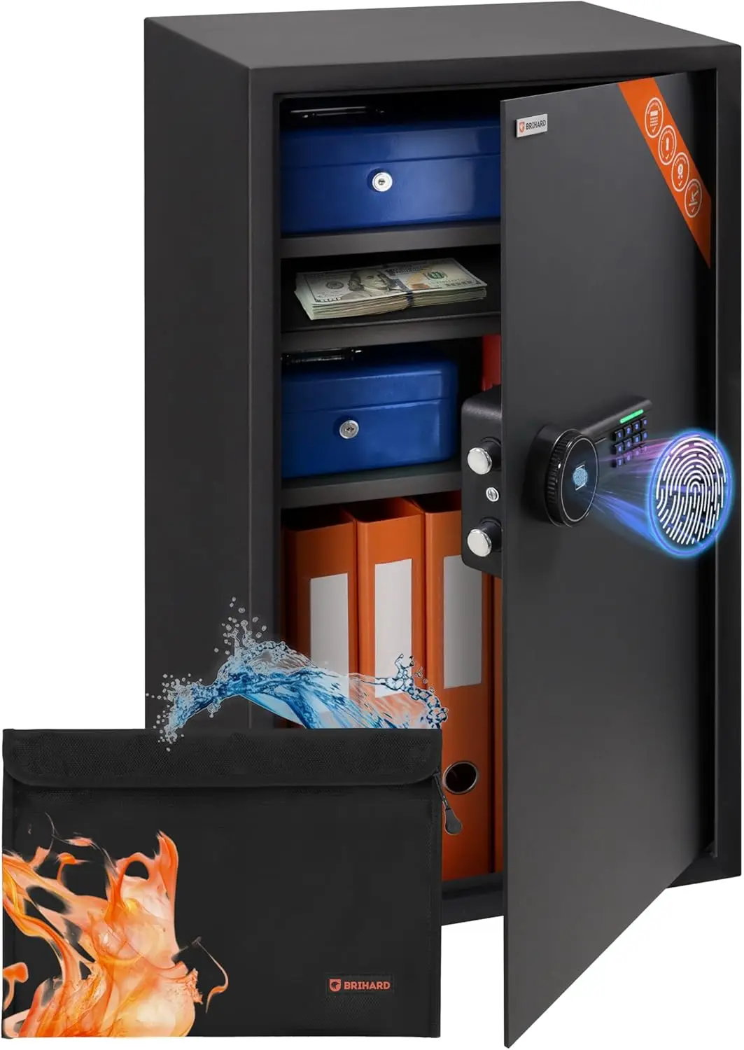 

Биометрический сейф XXL размером 28,74 дюйма В x 15,75 дюйма Ш x 14,17 дюйма Г с огнестойкой сумкой формата А4, большой сейф с отпечатками пальцев, 3,6 кубических футов, 3 шт.