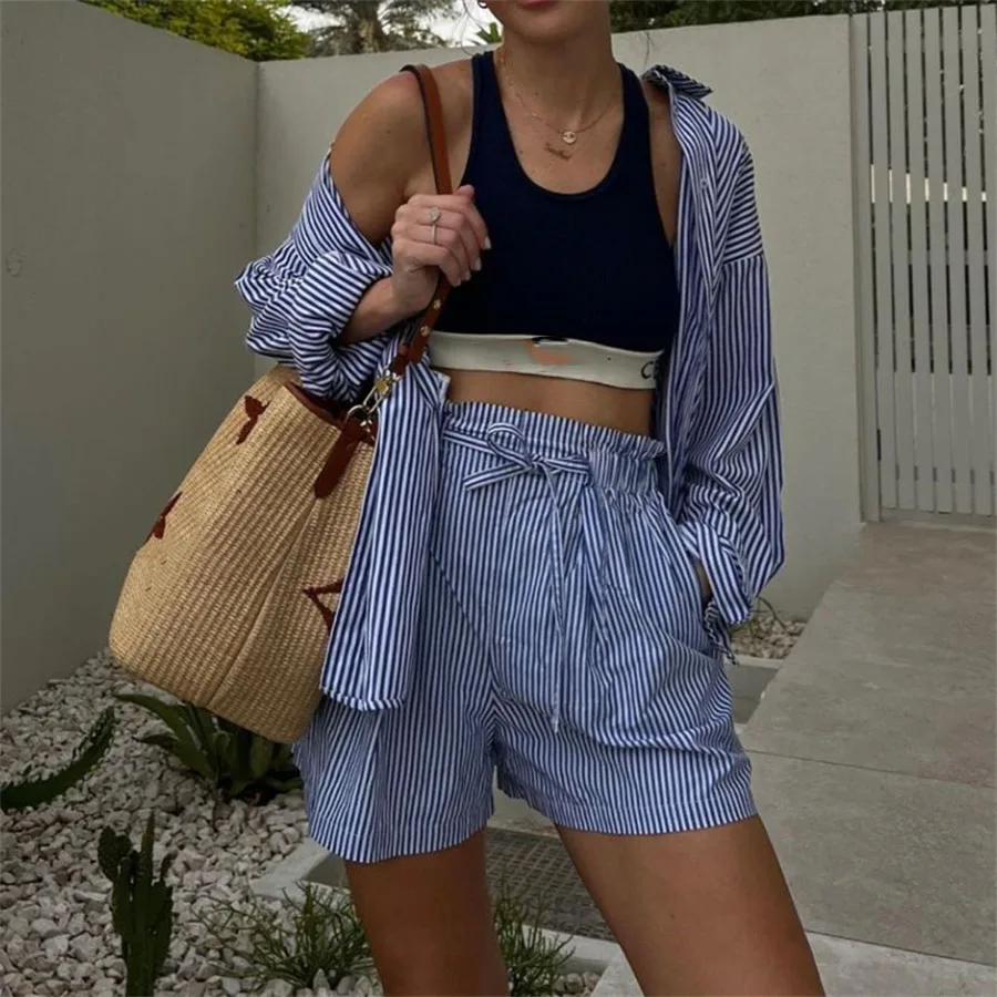 Elegant Blue Striped Print Shorts Sets For Women 2 Pieces Fashion Long Sleeve Button Crop Tops + High Waist Tie up Shorts Outfit