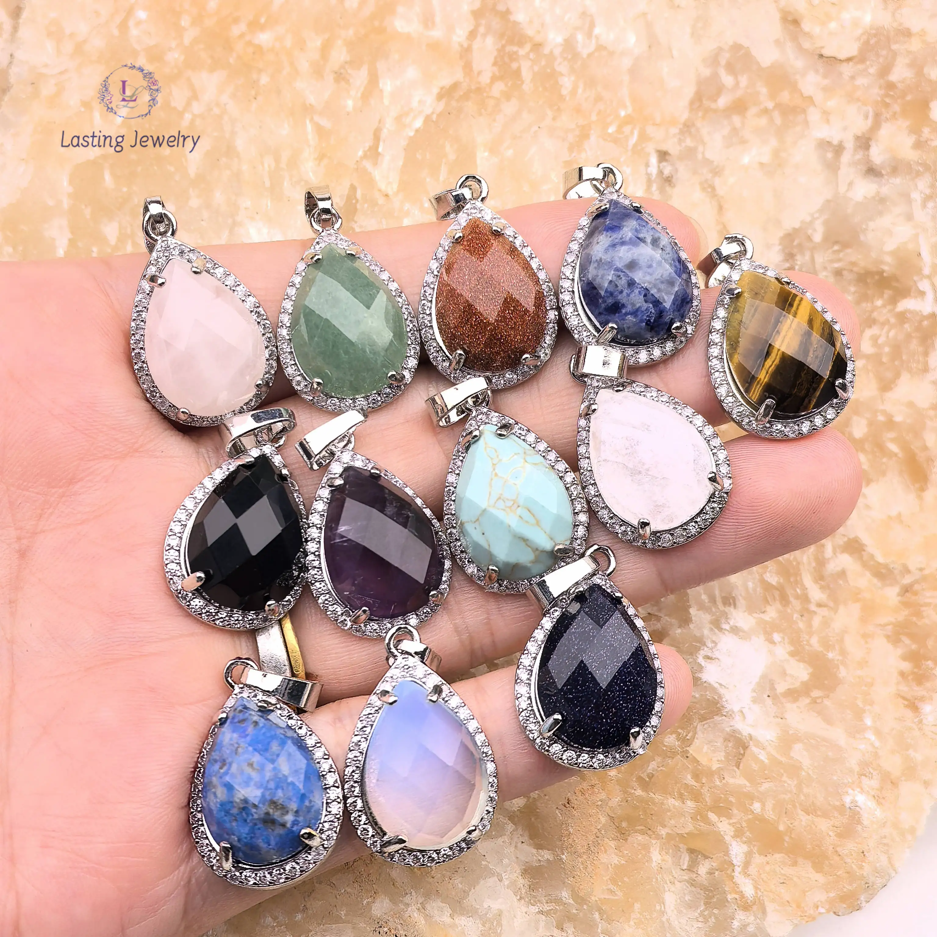 

Faceted Teardrop Gemstone Pendants,Healing Crystal Tiger Eye Amethyst Obsidian Turquoise Sodalite Charms Necklace Jewelry Making