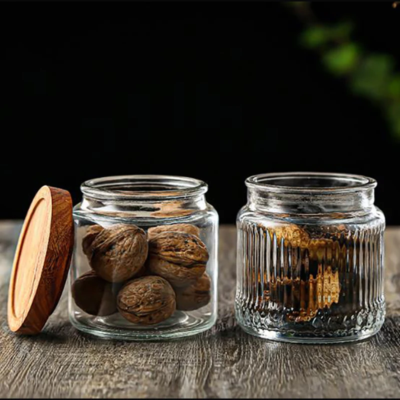 Glass Storage Jar with Wooden Lid Candy Dried Fruit Coffee Bean Medicinal Herb Storage Jar Sealed Household Striped Glass Bottle