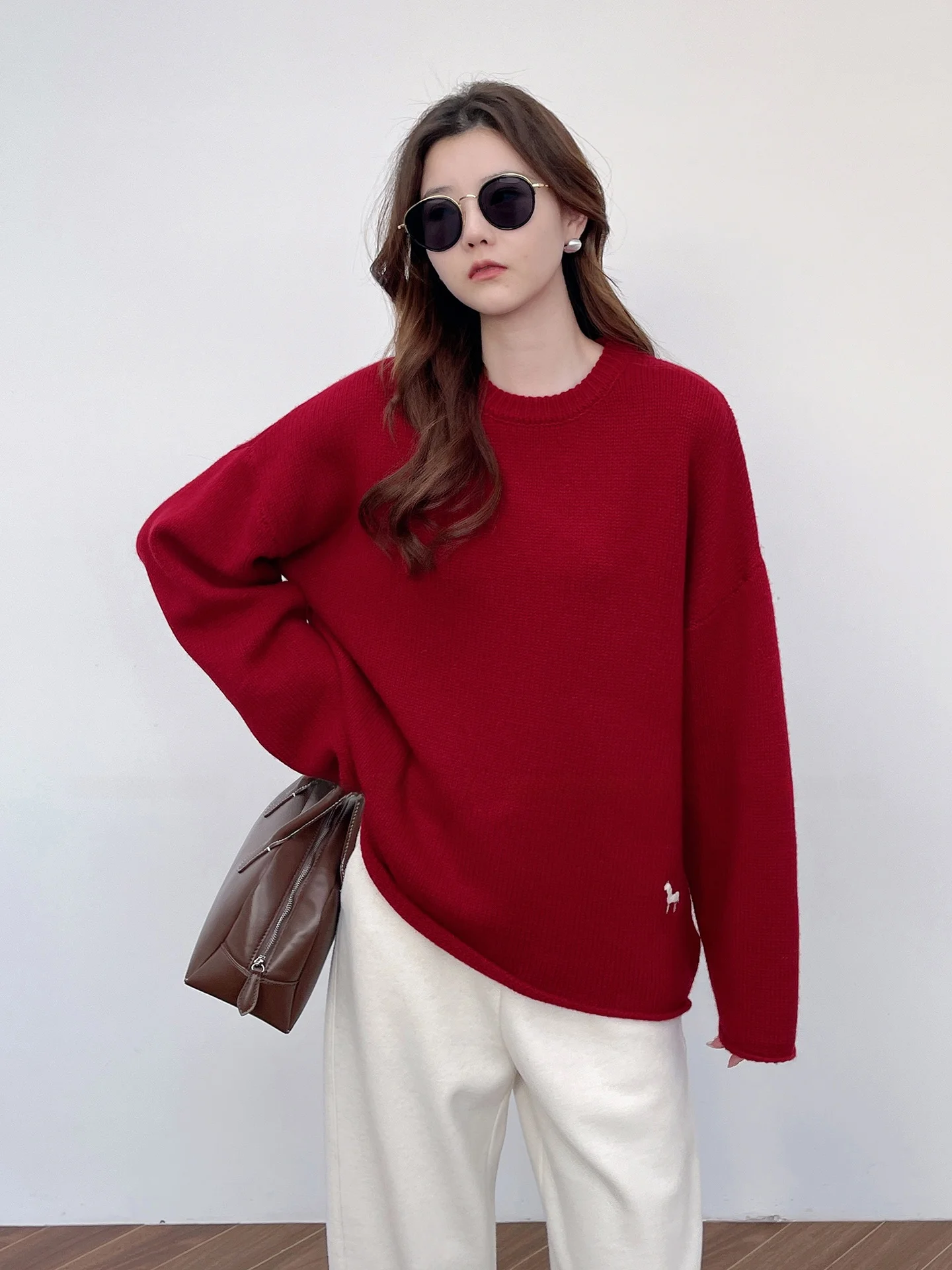 

Franz Oversize трикотаж круглый Ne 00 шерстяной свитер с вышивкой по краю, зимний новый женский свободный крой, длинный свитер свека