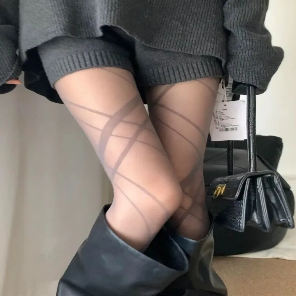 

New Irregular Crossed Jacquard Stockings High Waist Fashionable Pantyhose Elastic Seamless Long Socks Woman
