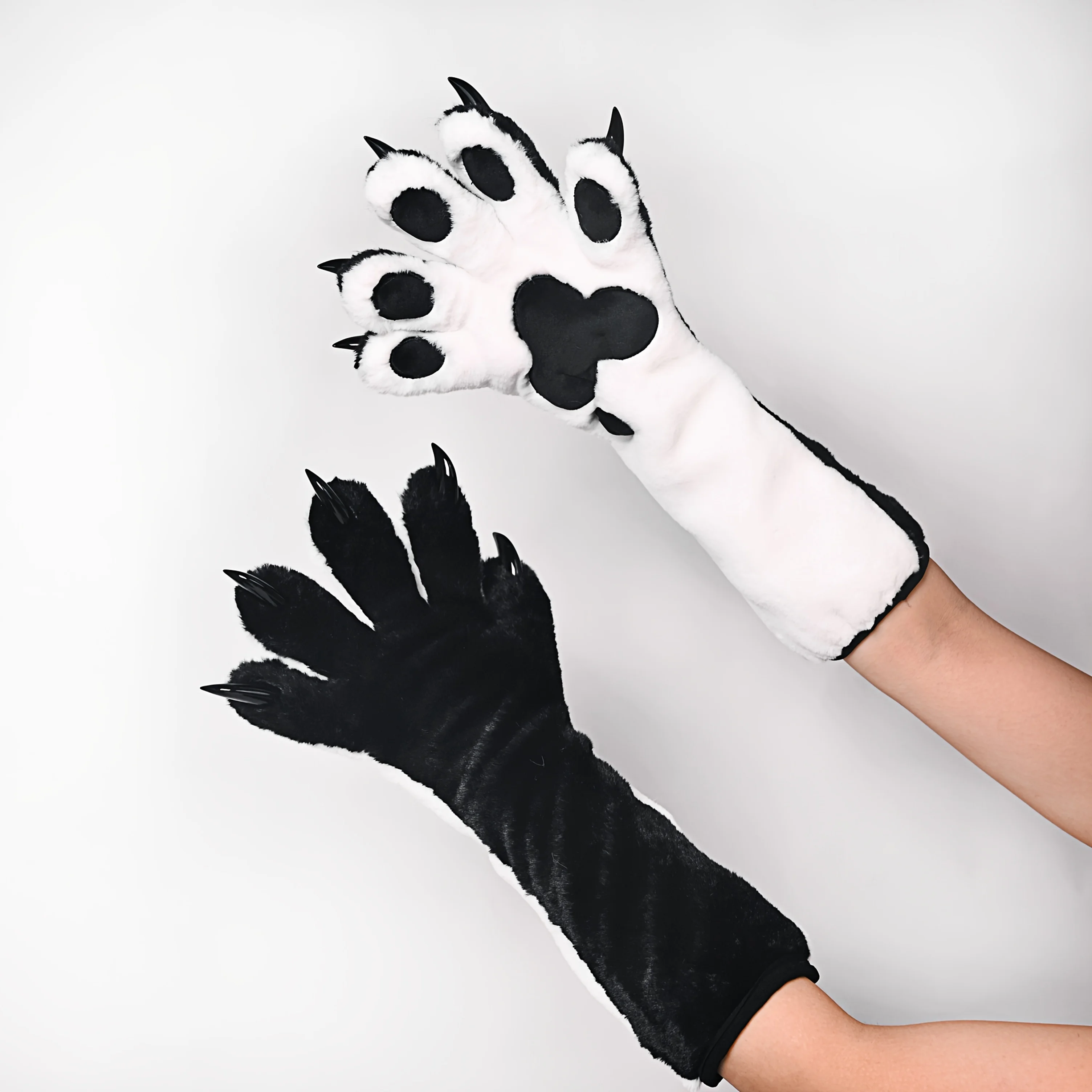 Plush Wolf Paw Gloves Synthetic Fur Style Fursuit Hand Paws Cosplay Costume with Heart Paw Pads & Claws