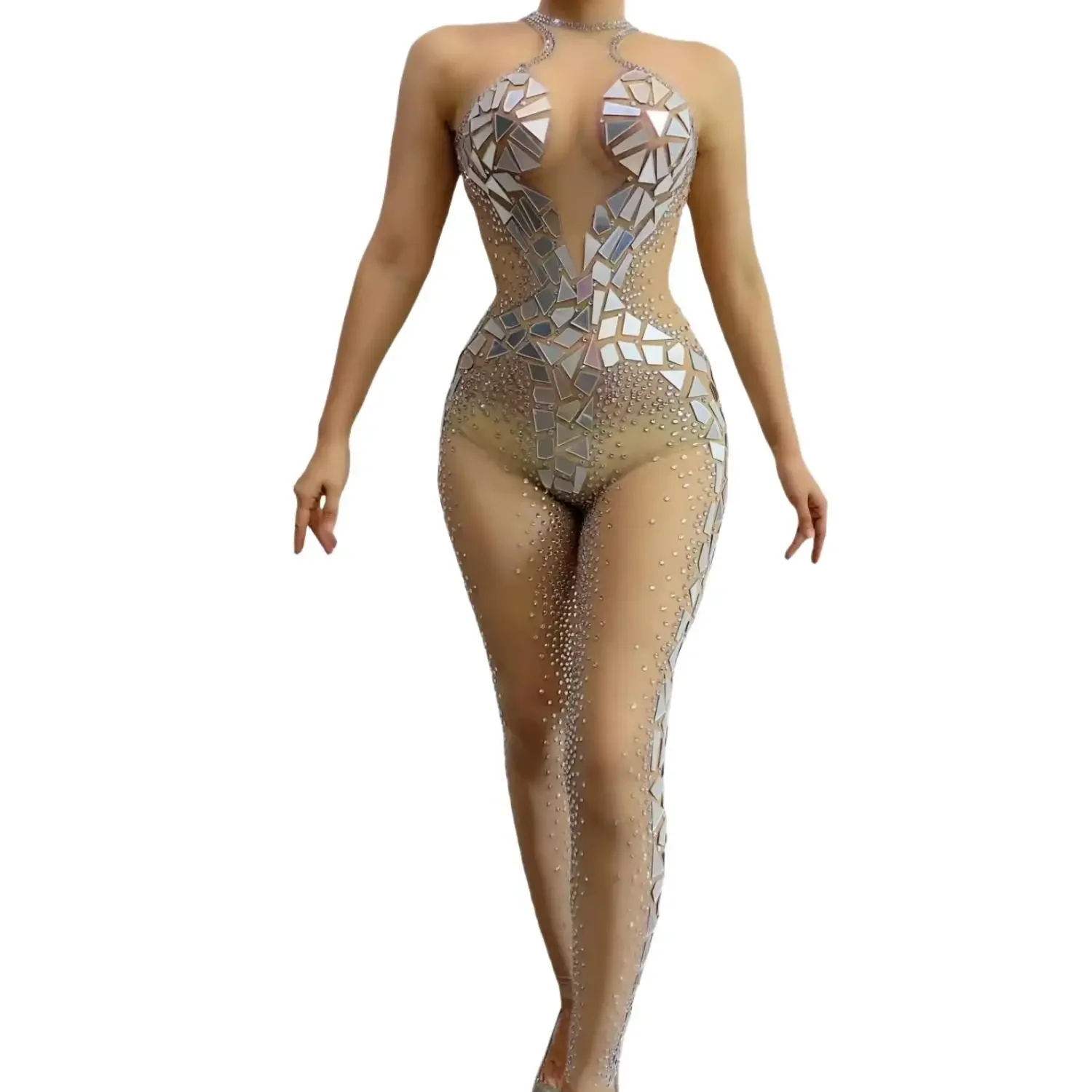 

Women Sexy Stage Silver Mirror Mesh Jumpsuit Dance Costume Birthday Performance Bodysuit Nightclub Pole Dance Jumpsuit Zhannifu