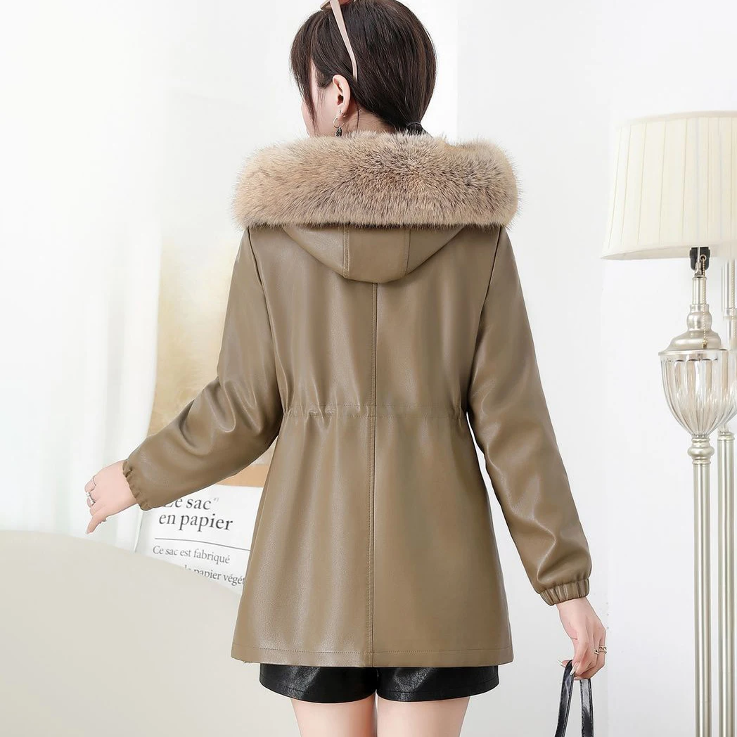Faux Leather Parka Coat Women Faux Fur Collar Drawstring Waist Mid‑Length Warm Thick Winter Jacket Windproof Casual Outerwear