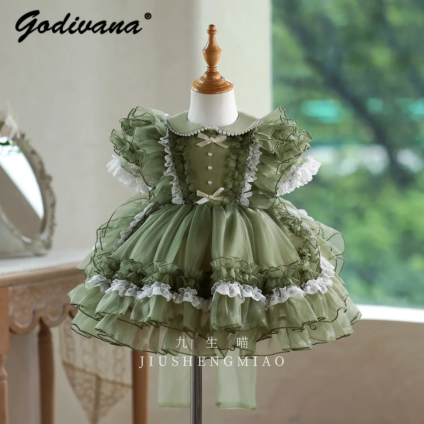 Sweet Baby Girls Summer New Lolita Princess Cake Dress Kids Green Puff Sleeve Lace Pearls Doll Collar Birthday Performance Gown