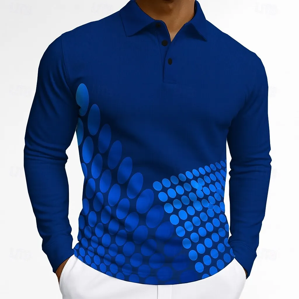 3D Simple Geometic Graphic Men's Polo Shirt Fashion Casual Business Button Lapel Tops Autumn Winter Long Sleeve Pullover For Men