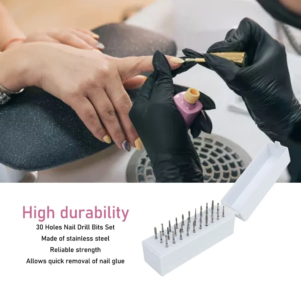 

30pcs Dustproof Acrylic Cover Nail Drill Bits Set Portable & Durable Standard 2.35mm Hole Size Manicure Tool Storage Set