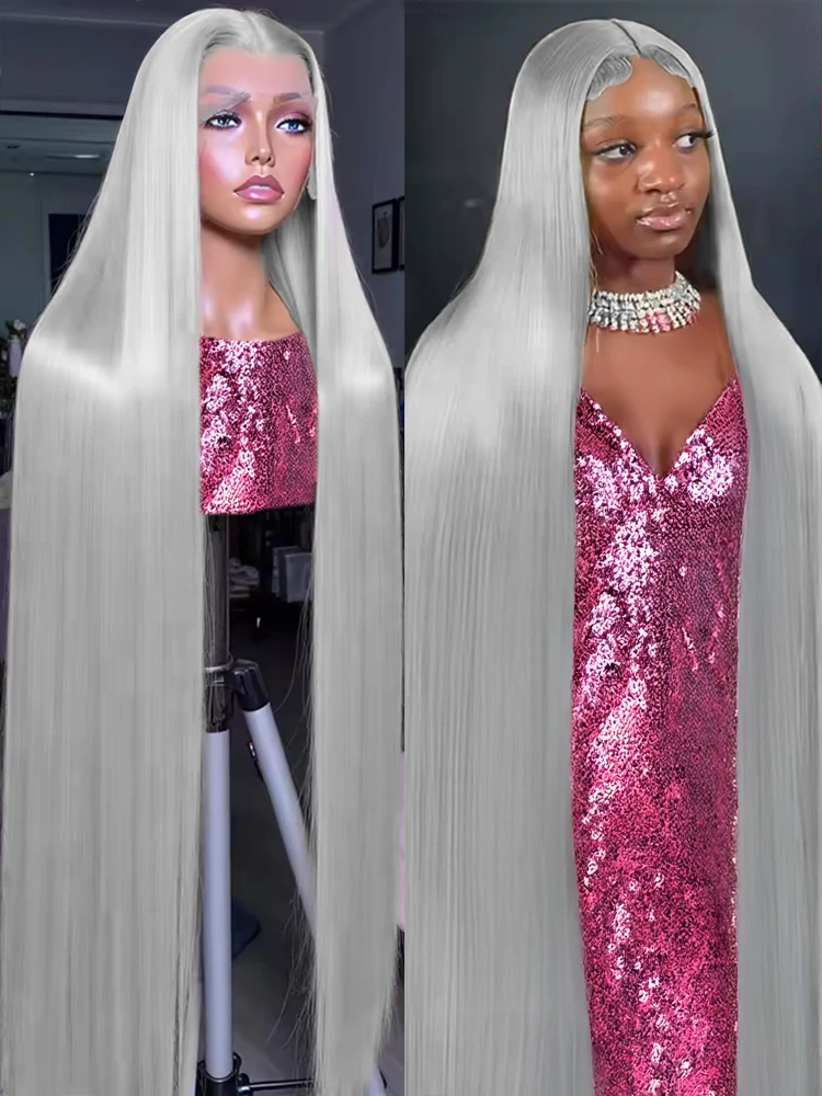 

30 40 Inches Silver Grey Bone Straight 13x6 HD Lace Frontal Wigs 250 Density 100% Brazilian Human Hair Wig For Women Pre Plucked