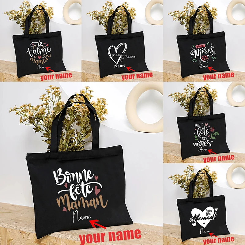 Je T' Mamie Customized Name Canvas Tote Bag Organizer Large Capacity Multi-purpose Travel Shopping Bag Handbag Personalized Gift