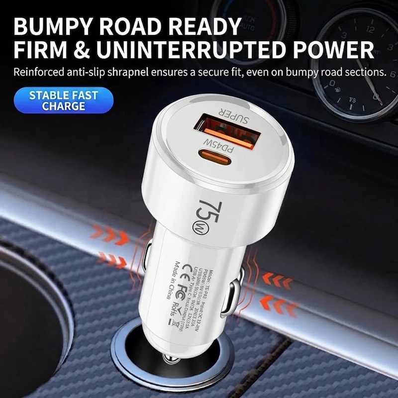 75W Fast Charging Car Adapter Dual Port USB C 45W USB A 30W Multi Protocol Supported Smart Auto Charger For Vehicles For iPhone