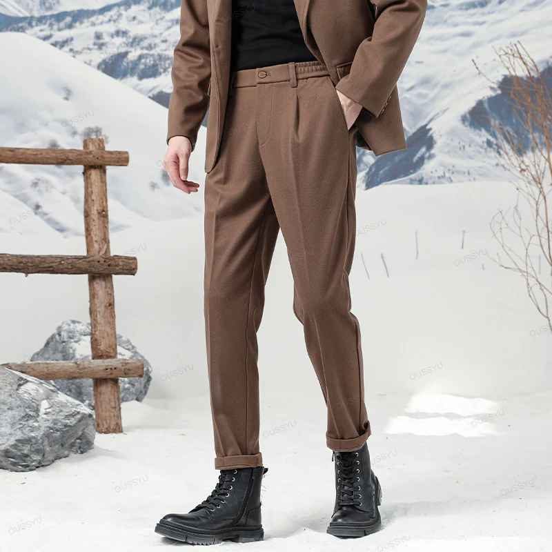 

Высокое качество, осенне-зимние коричневые костюмные брюки, мужские толстые деловые эластичные брюки на талии, черные, серые, формальные корейские длинные брюки, мужские