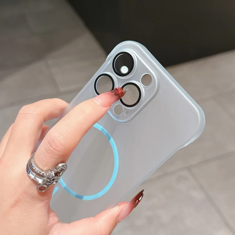 حافظة رفيعة للغاية وشفافة بدون إطار لهاتف آيفون 16 15 14 13 12 11 برو ماكس بلس غطاء بلاستيكي صلب نحيف Magsafe مقاوم للصدمات غير لامع