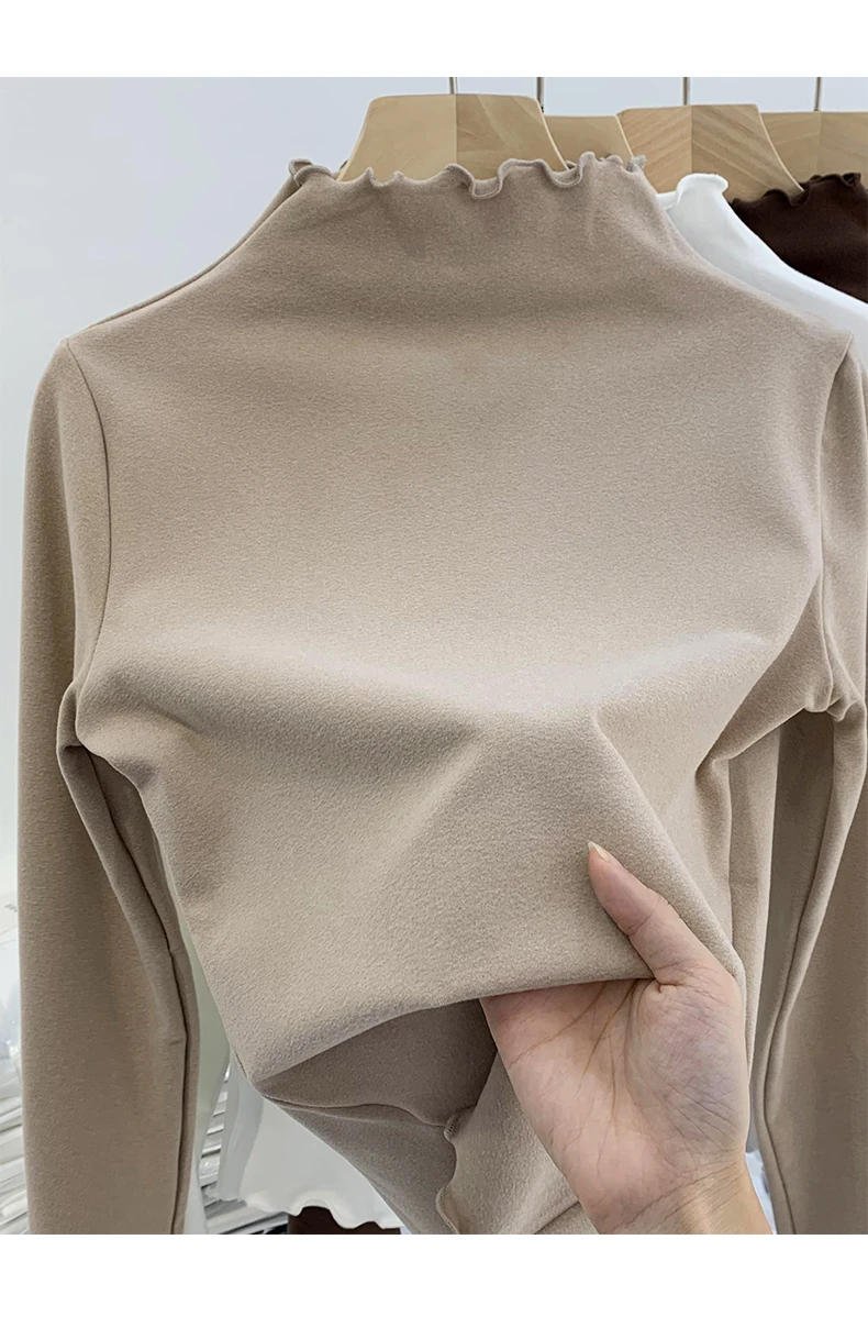 تي شيرت نسائي مزدوج الجوانب من الف fce السميك، تصميم نحيف، ياقة نصف عالية، قميص داخلي، حواف بتصميم خشبي، ألوان نقية، موضة ...