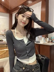 Retro American Design Long Sleeve Slim Fit Neck Hanging T-Shirt Women Early Autumn Short Style Belly Show Trendy Top