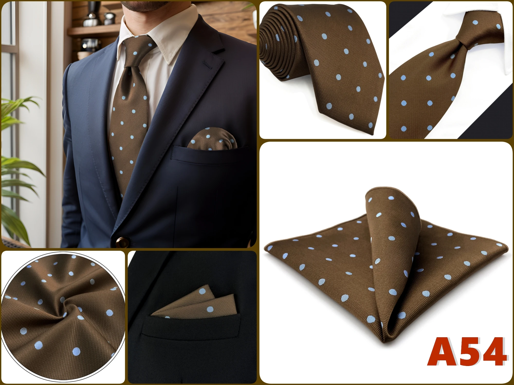 Braunes Herren-Krawatten-Einstecktuch-Set, klassisches Krawatten-Einstecktuch-Set, Business-Formal, Khaki, 147 cm, Dropshipping, Vintage – Detail 7