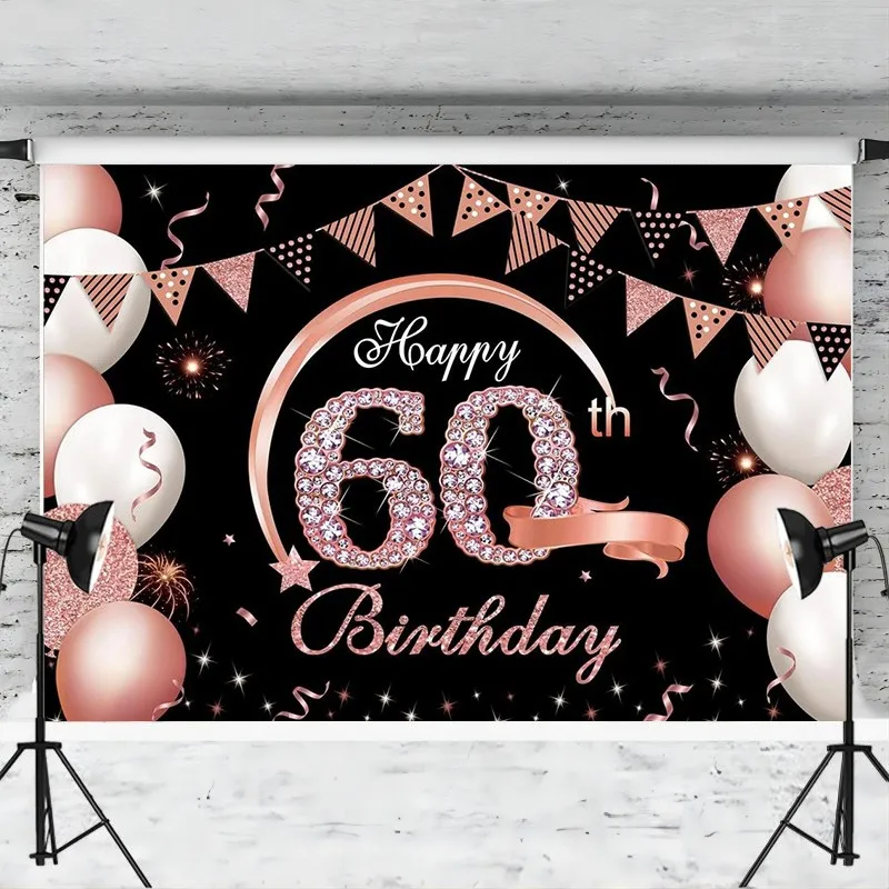 Happy 60th Birthday Banner Backdrop Rose Gold Photography Background Decoration for Women Party Supplies Sixty Year Old Poster