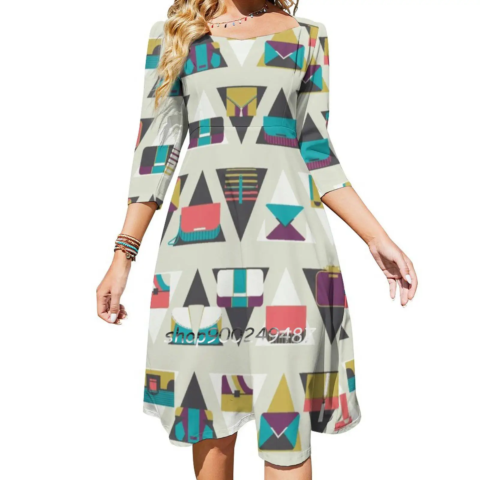 Bagometry 2 Square Neck Dress Cute Loose Print Dresses Elegant Beach Party Dress Triangles Geometric Fashion Style Color Graphic