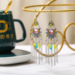 Vintage Ethnic Colorful Crystal Dangle Earrings for Women Classic Beach Chain Tassel Drop Earring Female Pendiente Bijoux