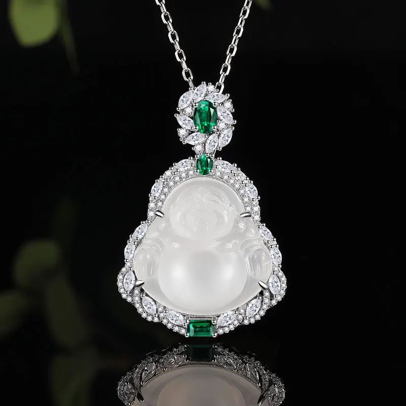 

PT950 Платиновый искусственный культивированный драгоценный камень Белый нефрит женатый Будда Майтрейи Смеющийся Будда Подвеска Ключица Цепь