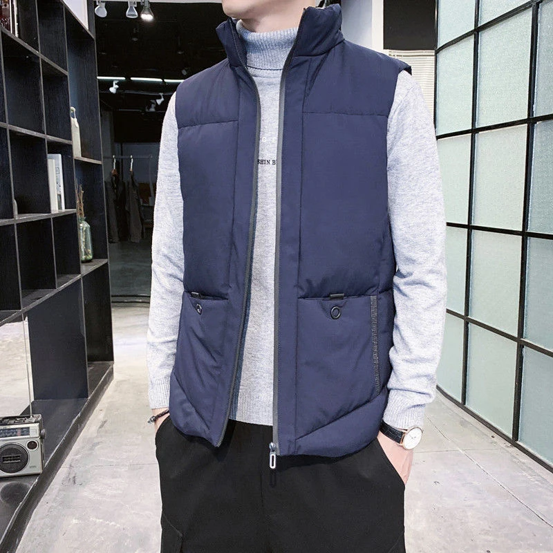 Autumn Winter Oversized Stand Collar Loose Casual Vest Coat Male Sleeveless Solid Color All-match Zipper Jacket Men Warm Tops