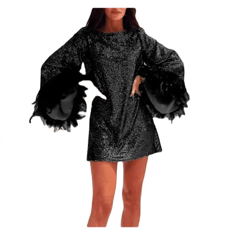 2025 nuevo vestido de falda corta elegante con cuello en V y cuentas de 3 colores de manga larga Sexy para mujer