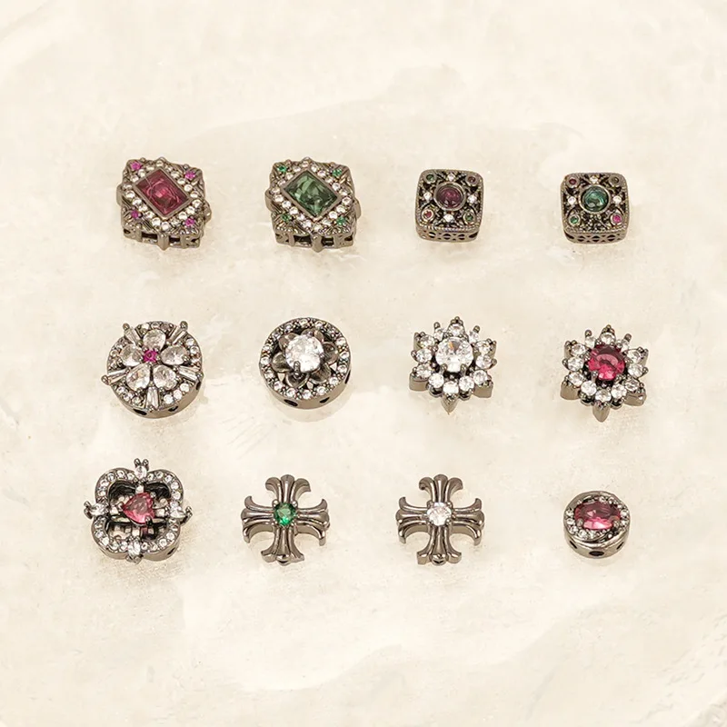 7pcs Copper Plated Gun Black Inlaid Zirconium Crox Square Round Beads Beaded DIY Jewelry Material Bracelet Necklace Accessories