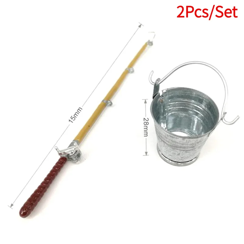 2Pcs/Set 1:12 Dollhouse Miniature Metal Fishing Rod Model + Water Bucket.