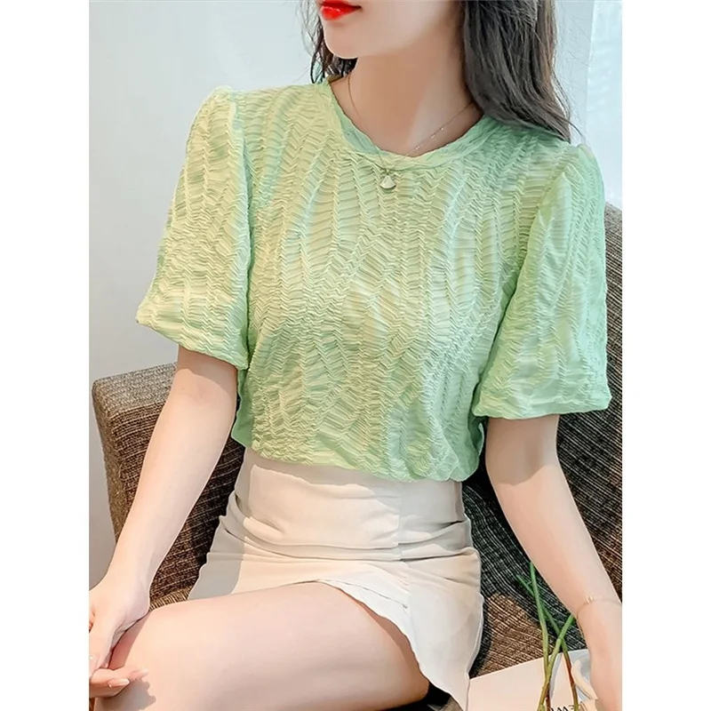 Chic Sweet Jacquard Green White Fashion Chiffon Top Blouse Women Summer Casual O Neck Puff Short Sleeve Slim Shirts Blusas Mujer