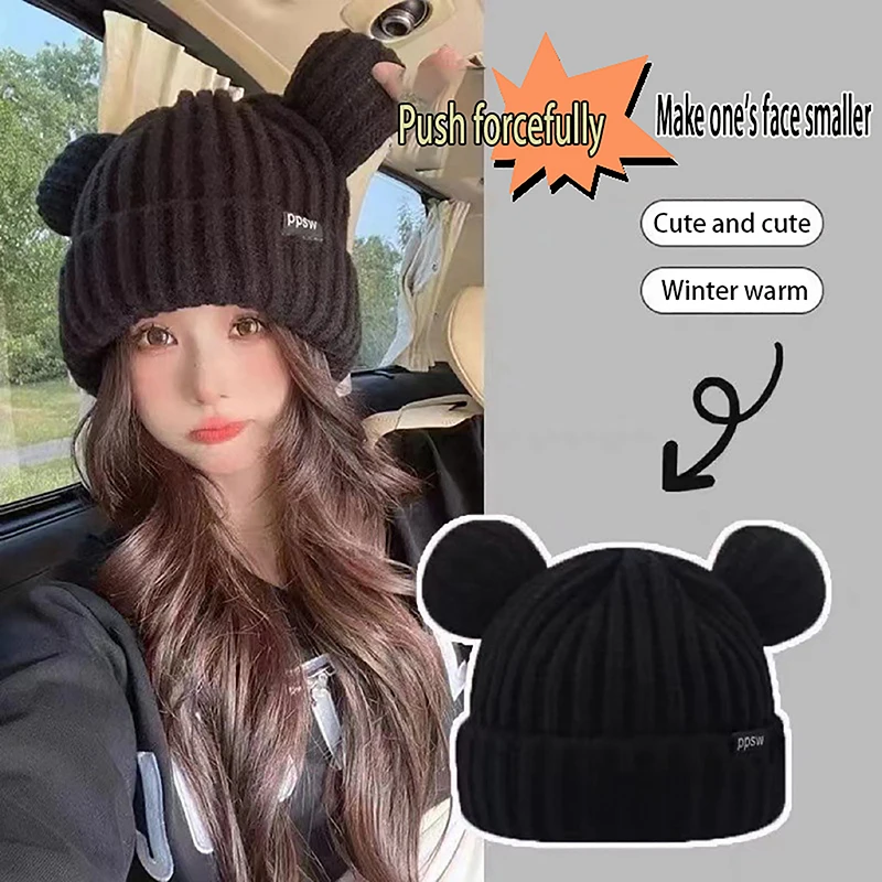 Cute Knitted Korean Wool Caps Cool Girl Handmade Beanie Y2K Cat Ears Thicken Hats Women Soft Harajuku Plush Ear Head Protection