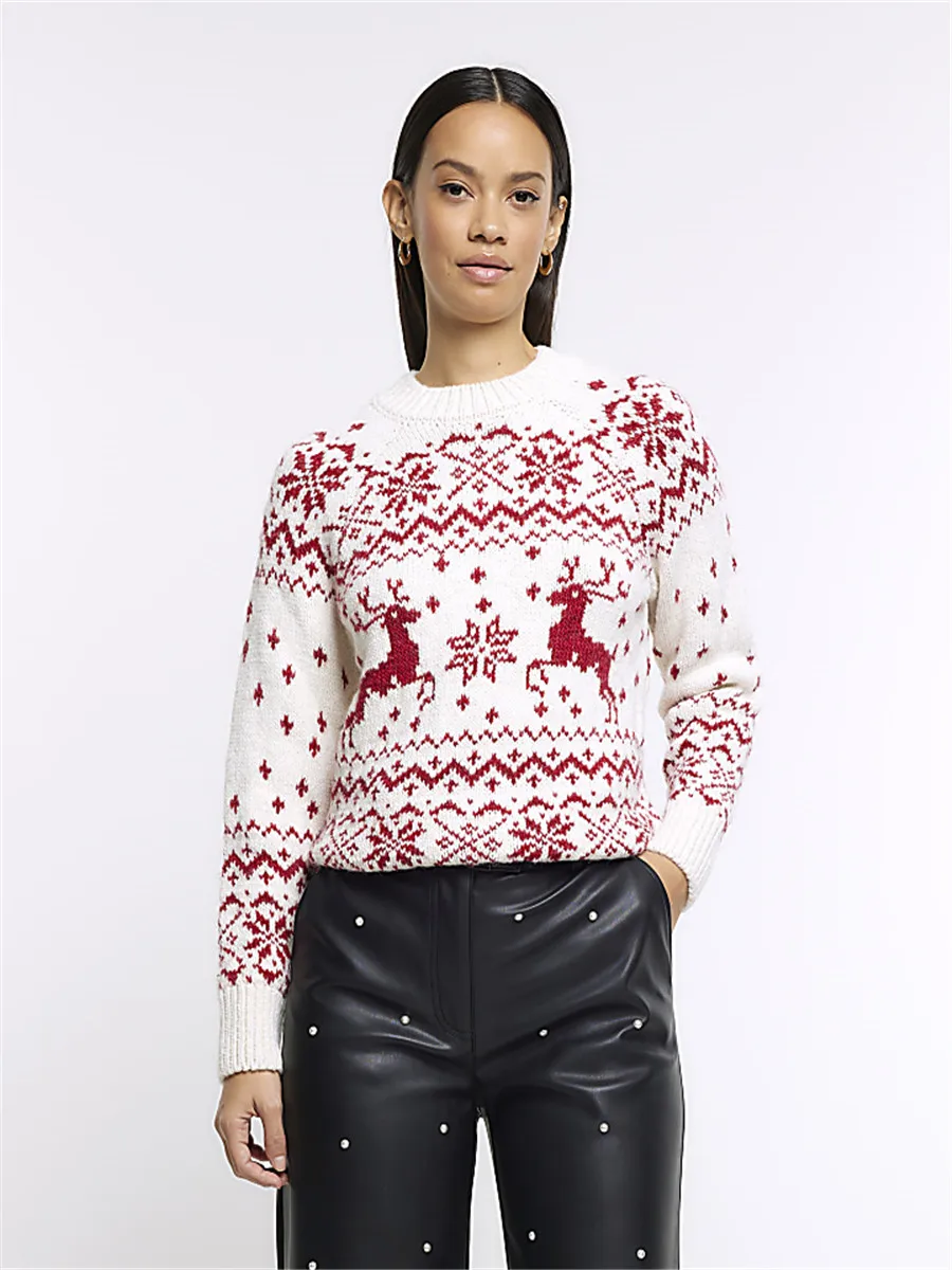 

Women's Christmas Sweaters Classic Reindeer Snowflake Print Long Sleeve Round Neck Knit Jumper Tops New Year Red Knitwear Coat