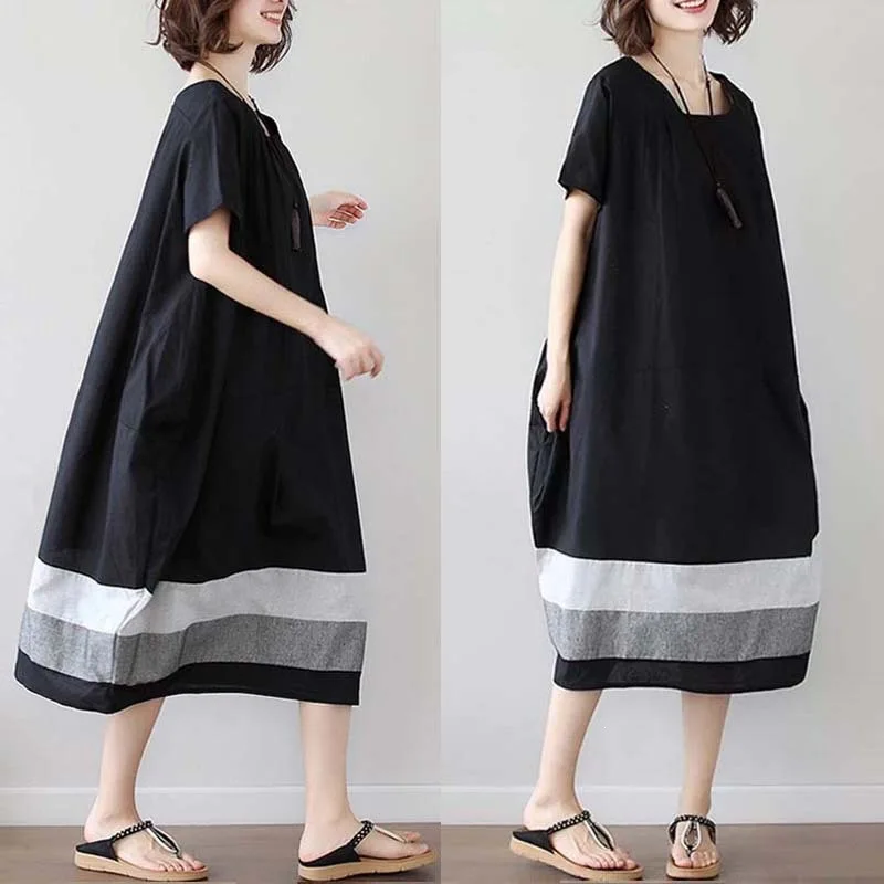 Plus Size Summer 2026 Loose Fit Striped Cotton Linen Short Sleeve Dress Women's Midi Dress Korean Style Patchwork Vintage A-L...