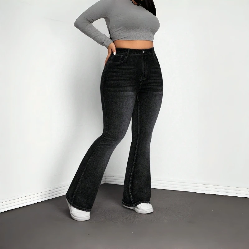 Y2k جينز نسائي أسود رمادي متوهج الدينيم السراويل خمر عالية الخصر تمتد Bootcut بنطلون موضة عصرية لباس غير رسمي #5