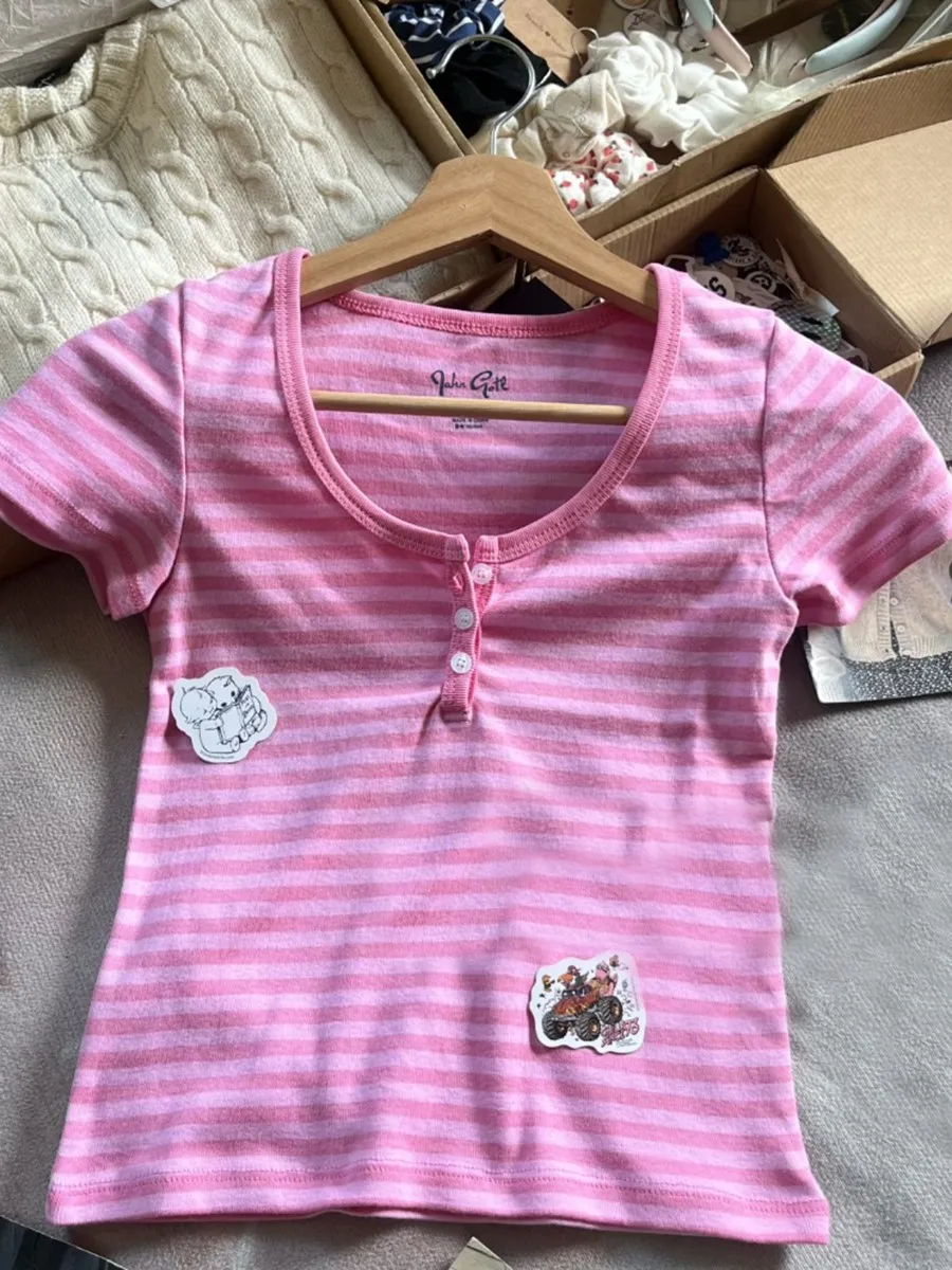 Pink Striped Slim Buttons T-shirts Women New Cotton O-neck Casual Simple Basic Short Sleeve Tees Sweet Cute Girls Tshirt Y2K Top image 5