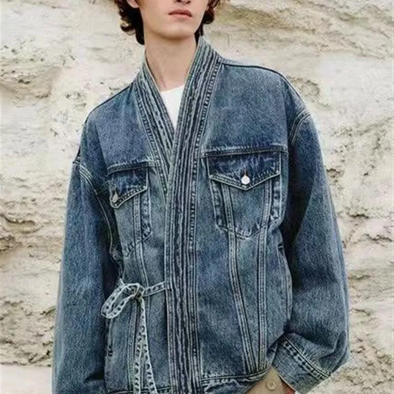 

Spring 2024 Men's Oversized Asymmetric Design Jeans Jaet High Street Hip Hop New Chinese Sle Loose Fit Outerwear Coat