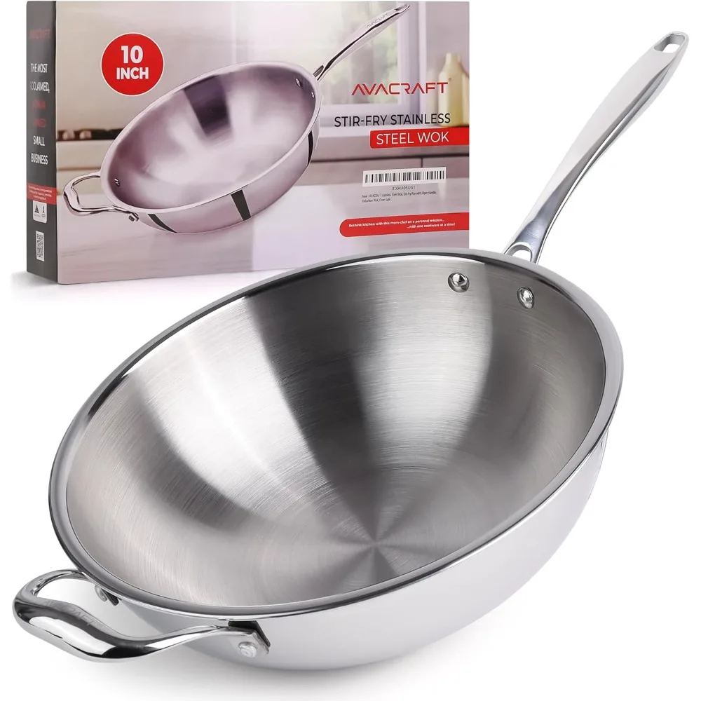 

Tri-Ply Stainless Steel Wok, Stir-Fry Pan with Helper Handle, Flat Bottom, Induction Compatible, Oven Safe, 10 Inch
