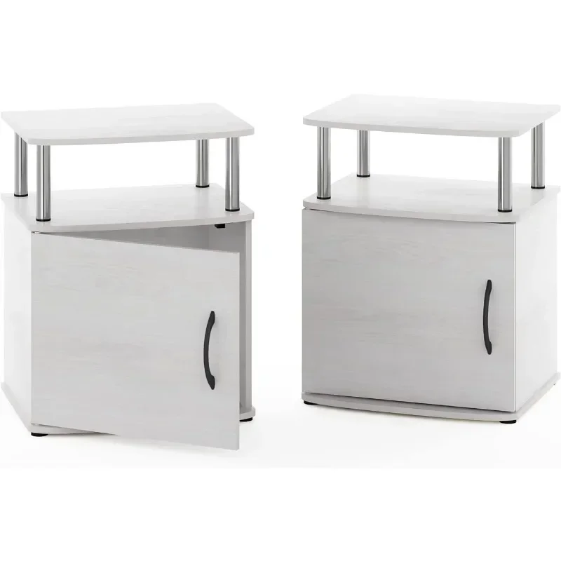 

End Side Sofa Table/Nightstand with Door, 2-Pack, White Oak/Stainless Steel Tubes