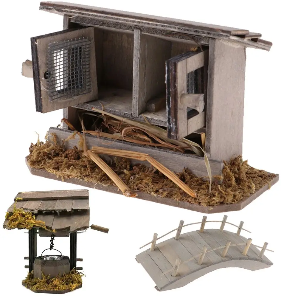 Micro Landschap Poppenhuis Decoratie Home Decor Outdoor Scène Model Houten Boogbrug Miniatuur Kippenhok Poppen Accessoires