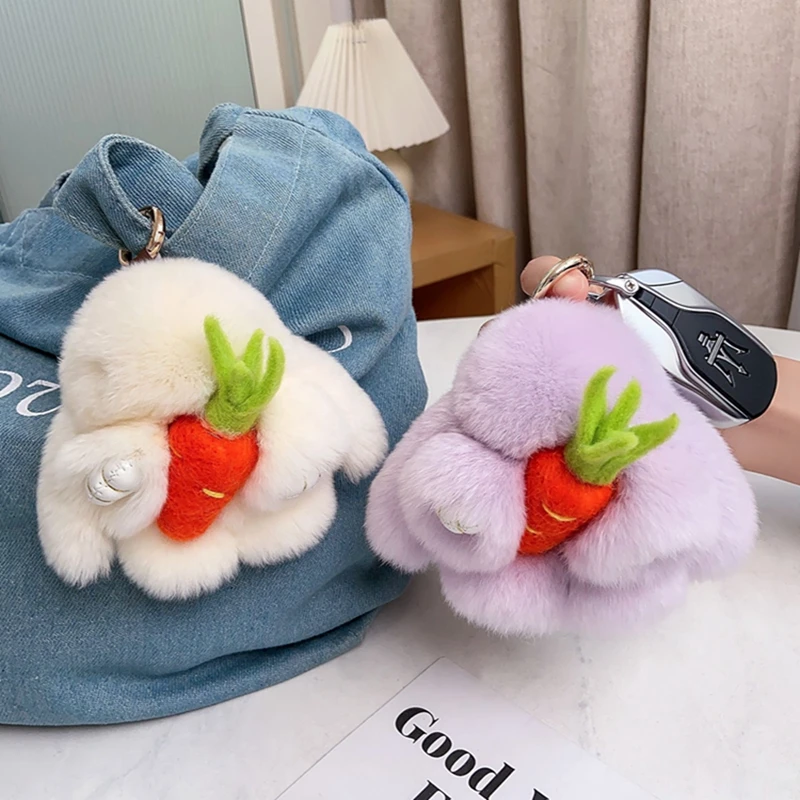 Cute Carrot Mini Bunny Keychain Women Real Fur Rabbit Key Ring Plush Dolls Toy Girls Bag Key Holder