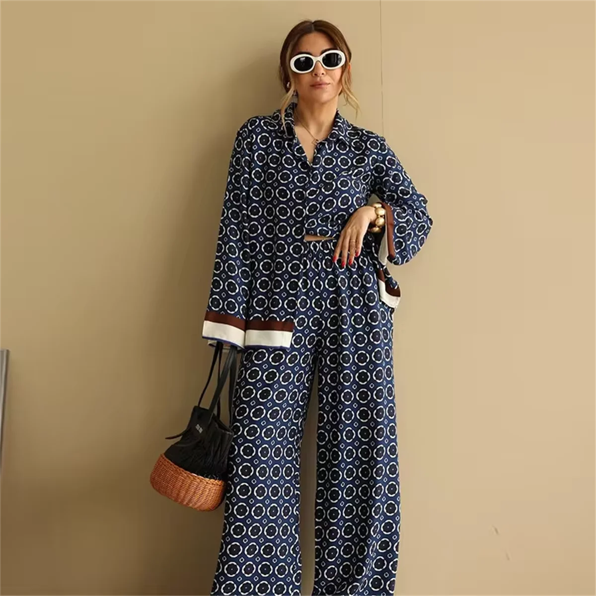 Women Printed Pant Sets 2024 Autumn Spring Long Sleeve Shirts Wide Leg Pants Suit Casual Loose Vintage New In Lady 2 Piece Set