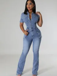 JRRY Sexy Women Denim Jumpsuits Short Sleeve Turn Down Collars Buttons Pockets Flared Pants Denim Bodysuit