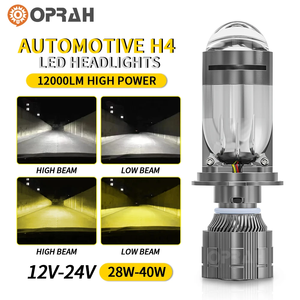 H4 LED Headlight Bulb With Projector Dual Lens Fan Canbus 3000K Yellow 6000K White Super Bright 12000LM 55W Hi/Lo Beam Car Light