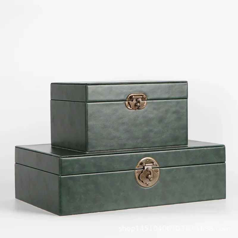 Chinese-style Retro Wooden Storage Box Rectangular Green Leather Jewelry Box Golden Lock Desktop Container Home Decoration