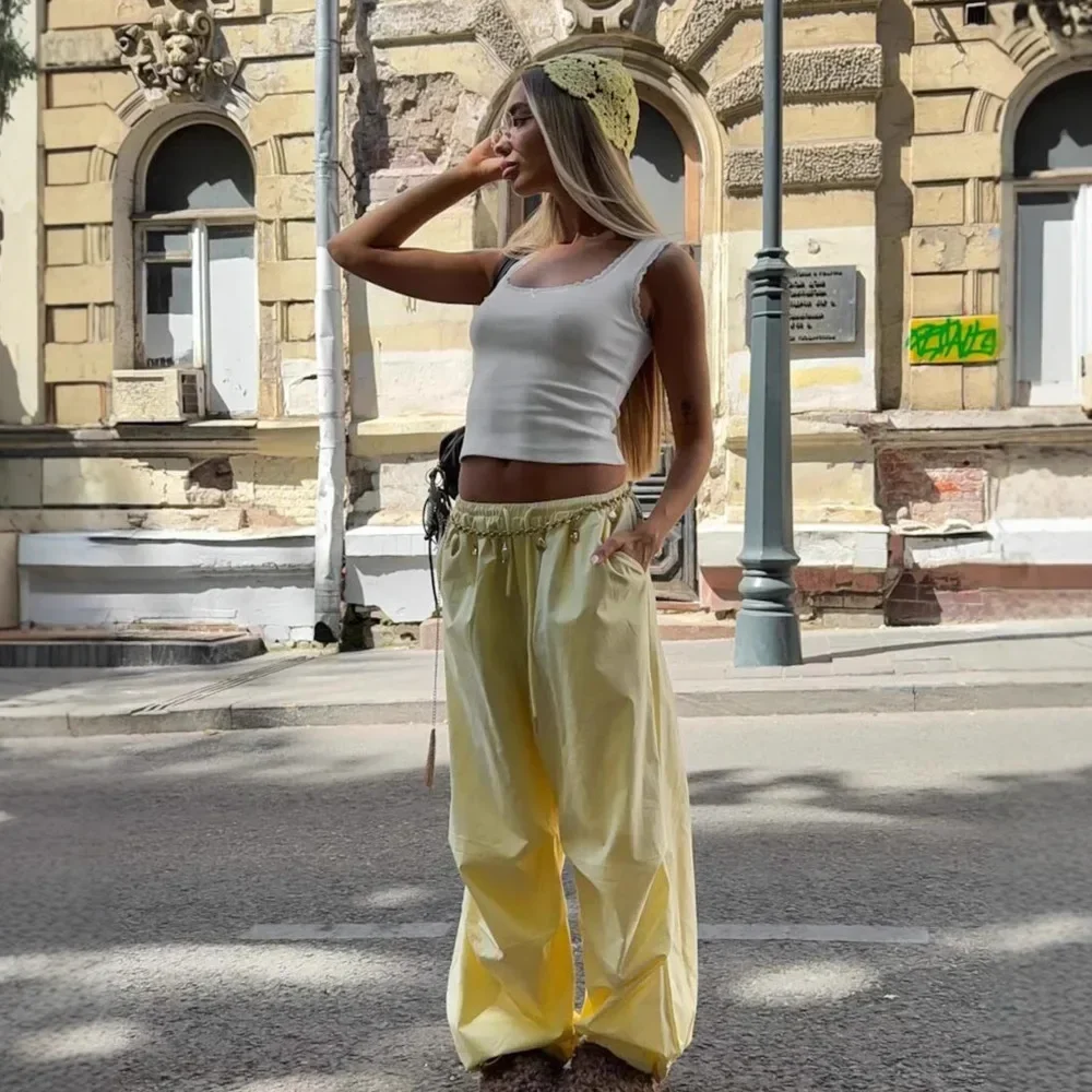 

Желтые широкие брюки для женщин, осенние длинные брюки на шнурке, свободные модные плиссированные эластичные брюки для отдыха, длинные брюки в стиле пэчворк