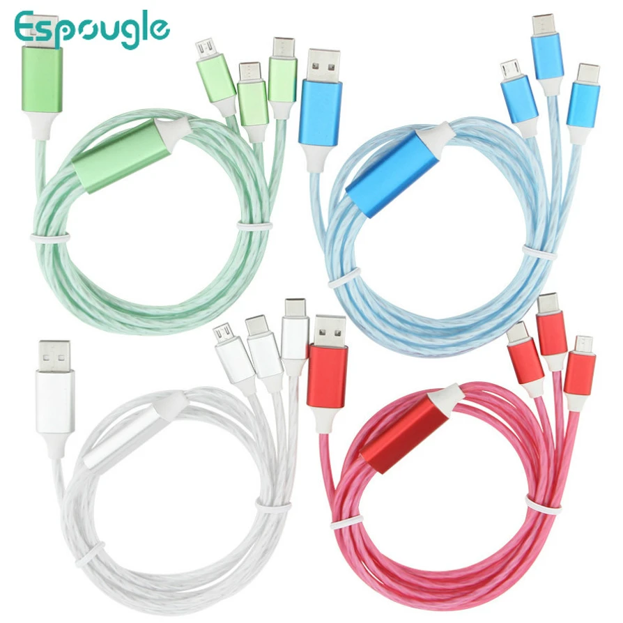 300pcs For iPhone Samsung S9 Xiaomi Phone Charger Cord 1.2m 3 in 1 Streamer TypeC 8Pin Micro USB Charge Wire Cable Fast Charging