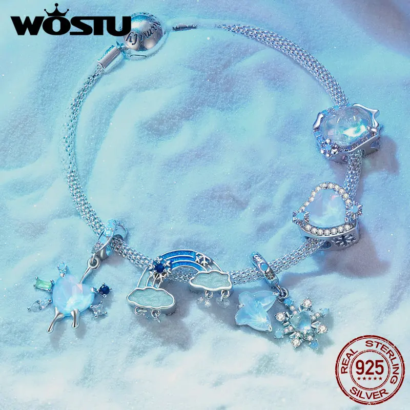 WOSTU 925 Sterling Silver Melting Ice Snowflake Pendant Blue Opal Love Heart Rainbow Charm Fit Original Bracelet DIY Winter Gift - Image 3