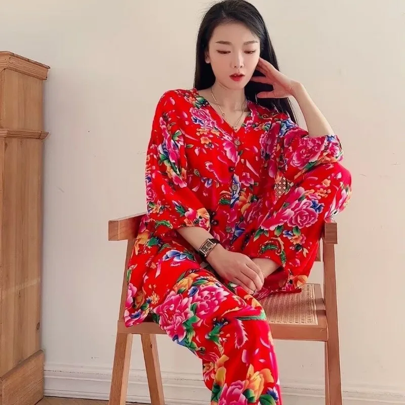 100% Cotton Silk Sleepwear Suit Spring Summer Spring Women Plus Size Loungwear V-neck Cardigan Loose Homewear Half Sleeve Pajama