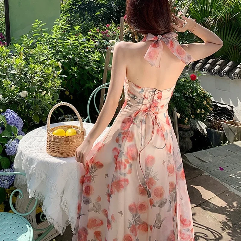 Sexy Sling Backless Maxi Dresses For Women Elegant Sleeveless Print Robes Female Evening Party Vestidos Lace Up Fairy Clothing