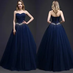 Evening Dress Navy Blue Tulle Beads Bling Strapless Lace up A-line Floor-length Plus size Customization Women Party Formal Gown