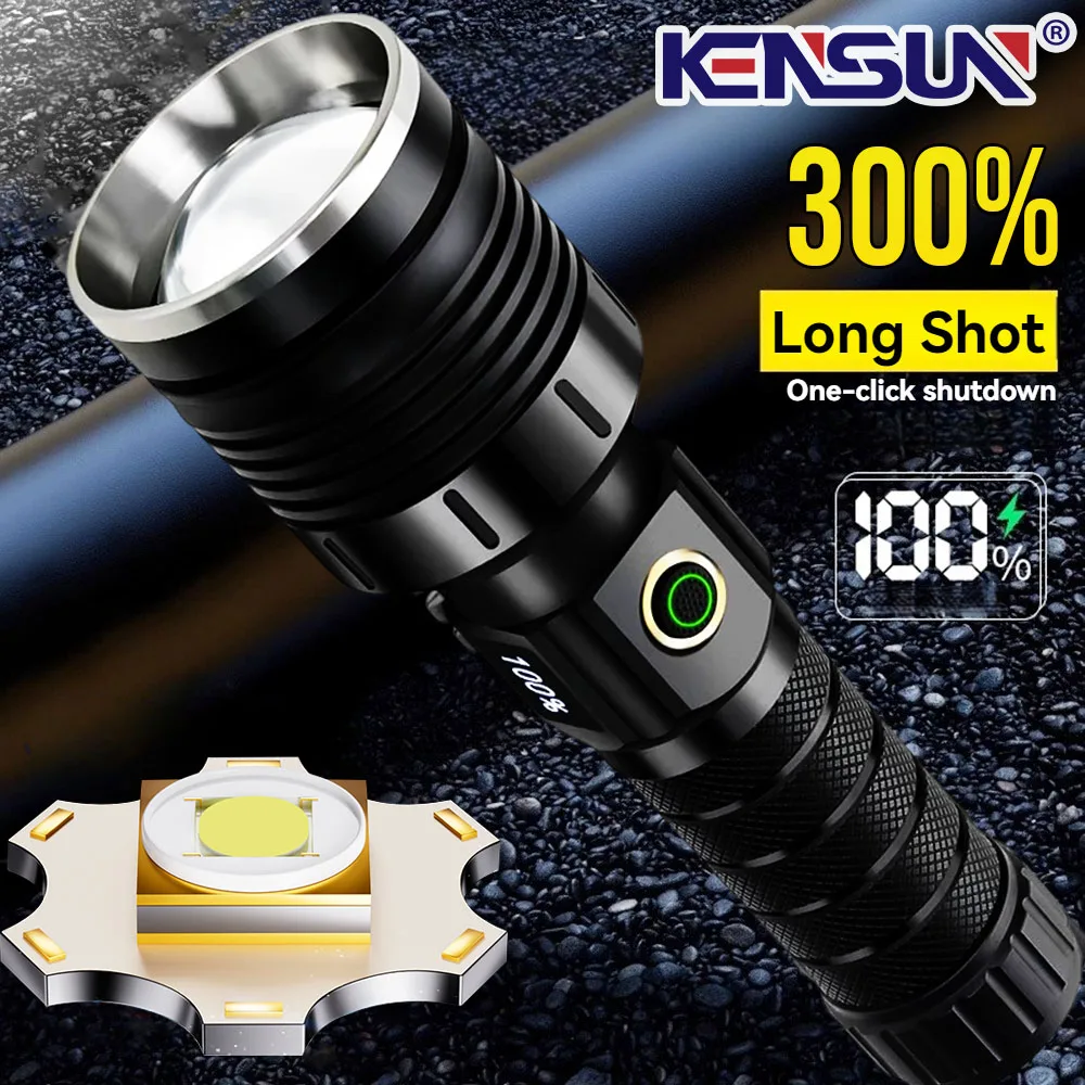 Powerful  Spotlight Long Range LED Flashlight Type-C Rechargeable Telescopic Zoom Focusing Spotlight Lamp Super Bright Tactical